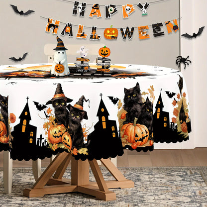 Black cat pumpkin Halloween tablecloth with whimsical bat decor