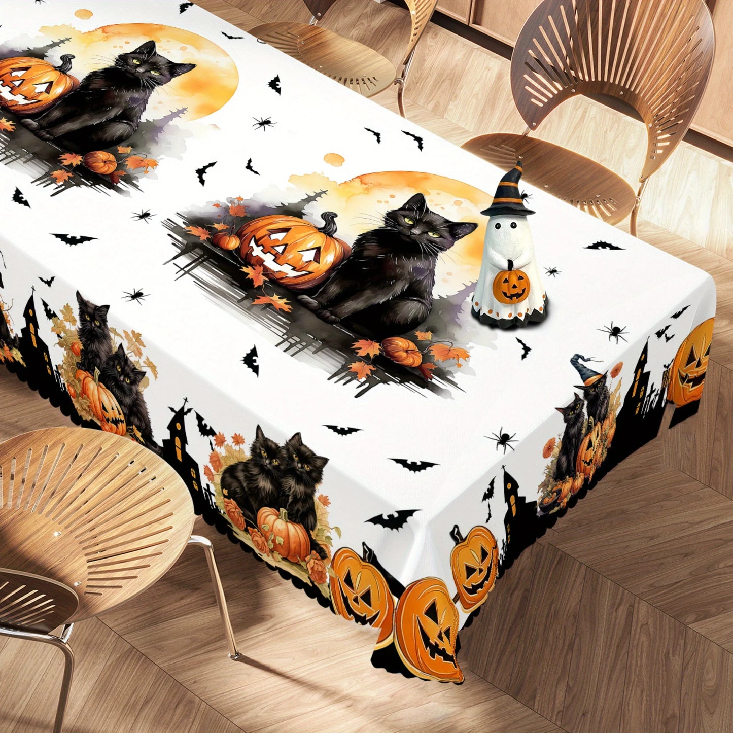 Black cat pumpkin Halloween tablecloth with whimsical bat decor