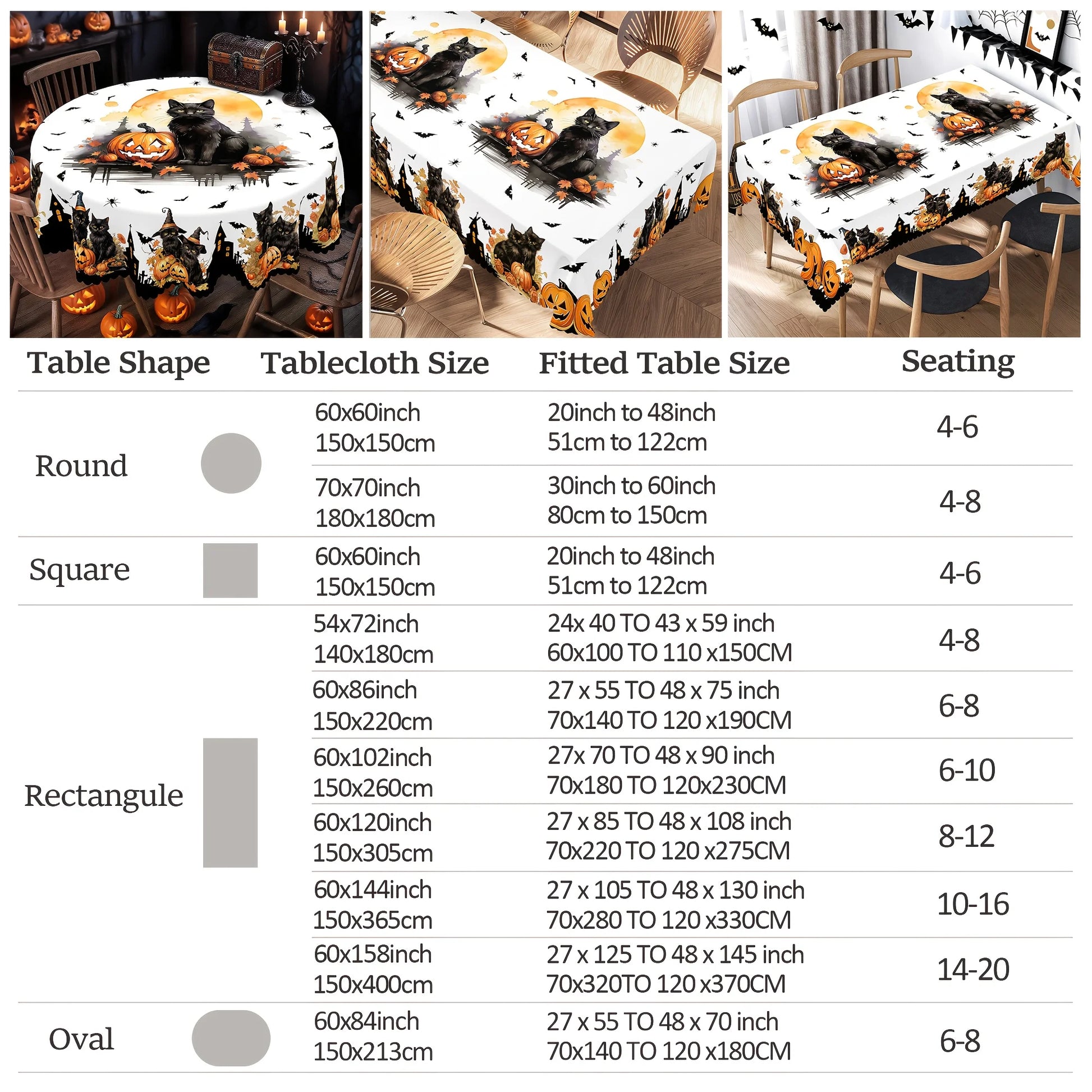 Black cat pumpkin Halloween tablecloth with whimsical bat decor