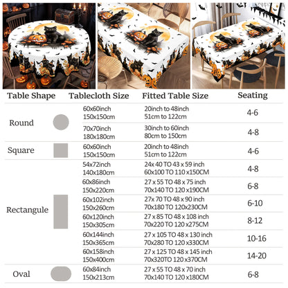 Black cat pumpkin Halloween tablecloth with whimsical bat decor