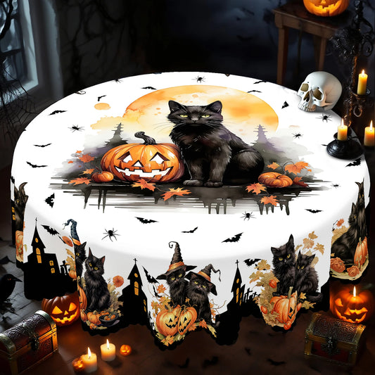 Black cat pumpkin Halloween tablecloth with whimsical bat decor