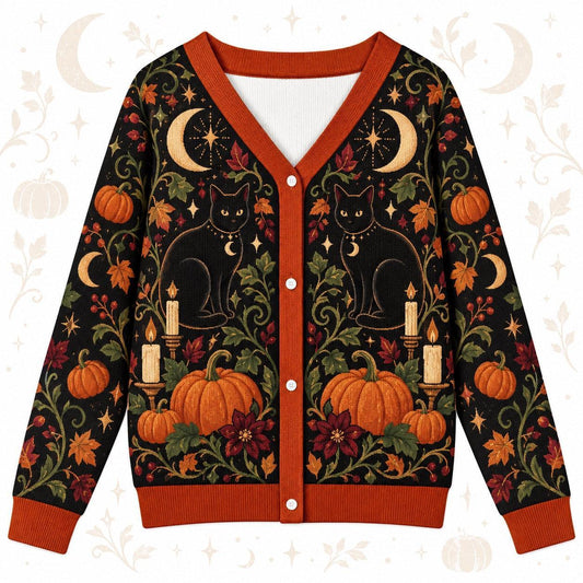 Black Cat Pumpkin Mushroom Halloween Cardigan for Women Witchy Fall, front view