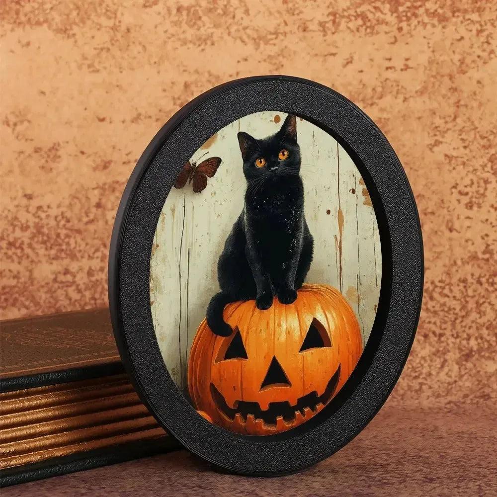 Black Cat & Pumpkin Spooky Wooden Oval Frame - Gothic Oval Wall Art - Halloween Wall Decoration-MoonChildWorld
