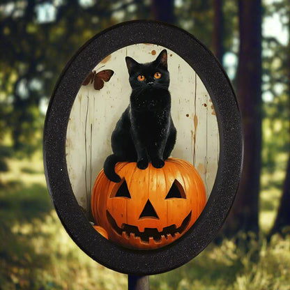 Black Cat & Pumpkin Spooky Wooden Oval Frame - Gothic Oval Wall Art - Halloween Wall Decoration-MoonChildWorld