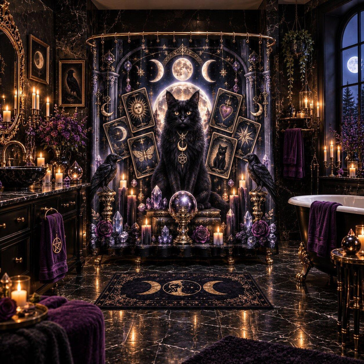 A gothic bathroom scene featuring a large black cat seated on a crystal sphere altar, surrounded by candles, tarot cards, moon symbols, and purple towels, with a matching black-and-gold rug on the floor.
