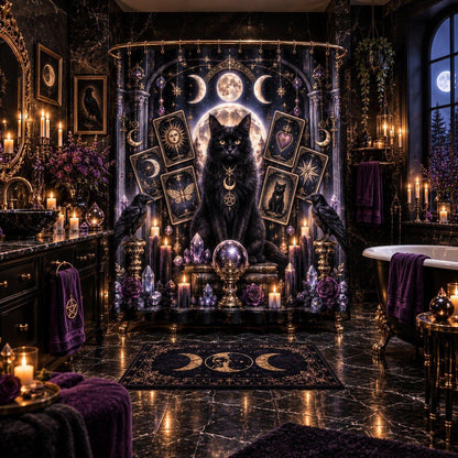 A gothic bathroom scene featuring a large black cat seated on a crystal sphere altar, surrounded by candles, tarot cards, moon symbols, and purple towels, with a matching black-and-gold rug on the floor.