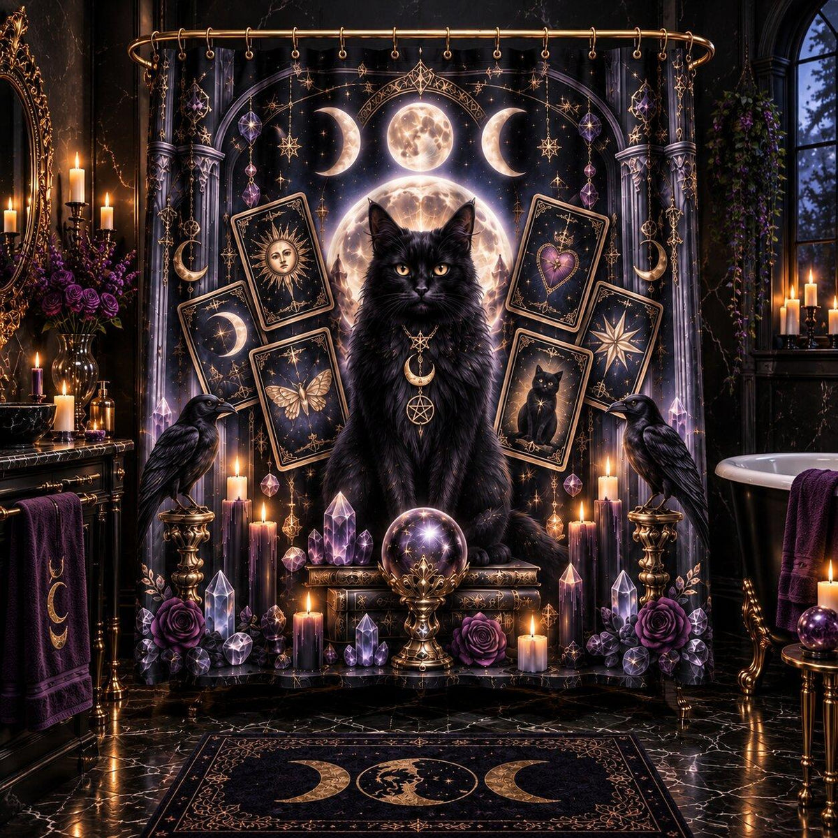 A gothic-themed bathroom scene featuring a large black cat seated on a throne-like pedestal in front of a highly decorative shower curtain. The curtain and surrounding decor include moon phases, sun and heart cards, crystals, candles, birds, and a dark patterned rug.