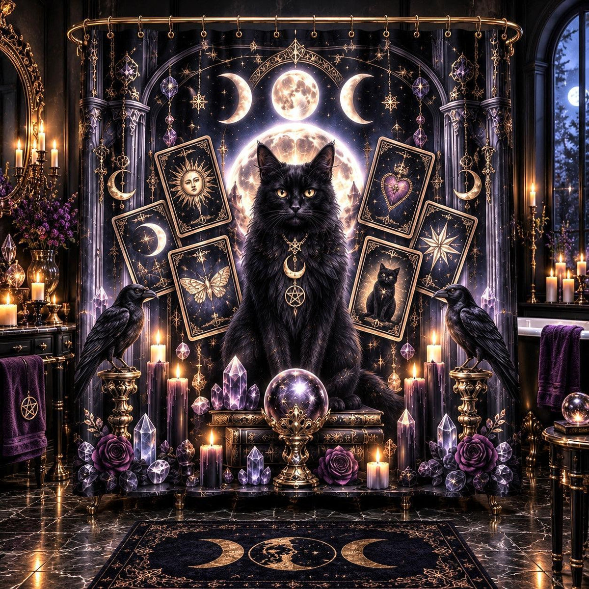 Black Cat Shower Curtain - Triple Moon Tarot Witchy Decor