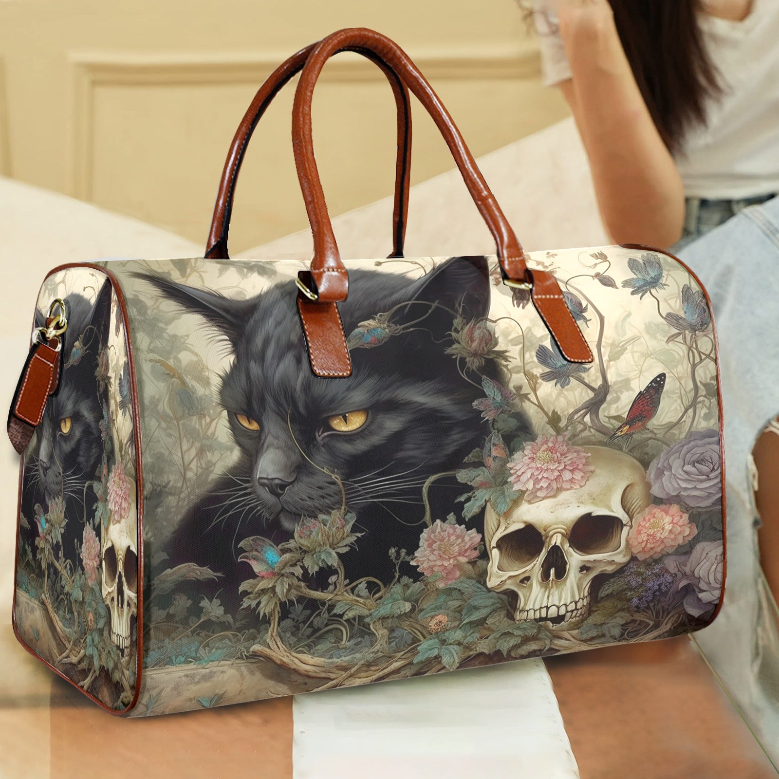 Black Cat Skull Gothic Travel Bag-MoonChildWorld