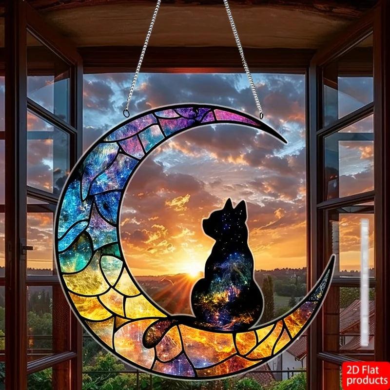 Black Cat Suncatcher Moon Cat Hanging Ornament Window Decorations for Cat Enthusiasts-MoonChildWorld