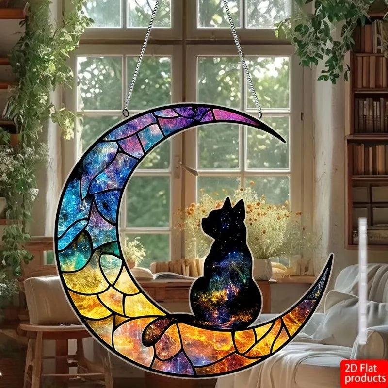 Black Cat Suncatcher Moon Cat Hanging Ornament Window Decorations for Cat Enthusiasts-MoonChildWorld