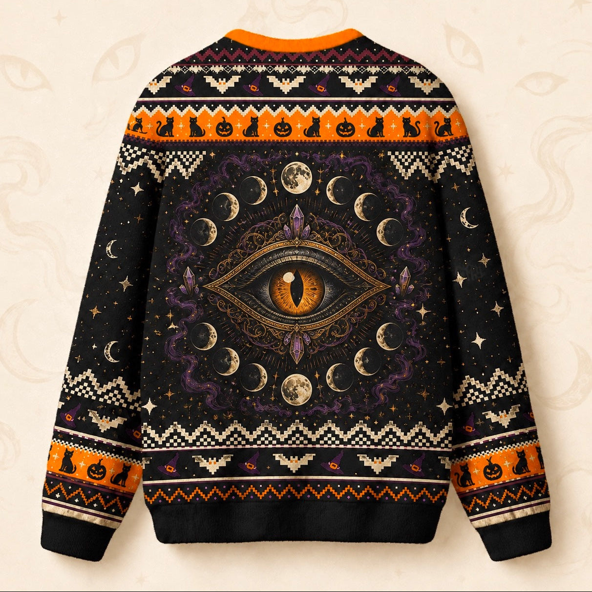 Black Cat Sweater Crescent Moon Cat Eye Halloween Knit Jumper back view