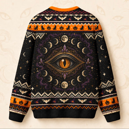 Black Cat Sweater Crescent Moon Cat Eye Halloween Knit Jumper back view