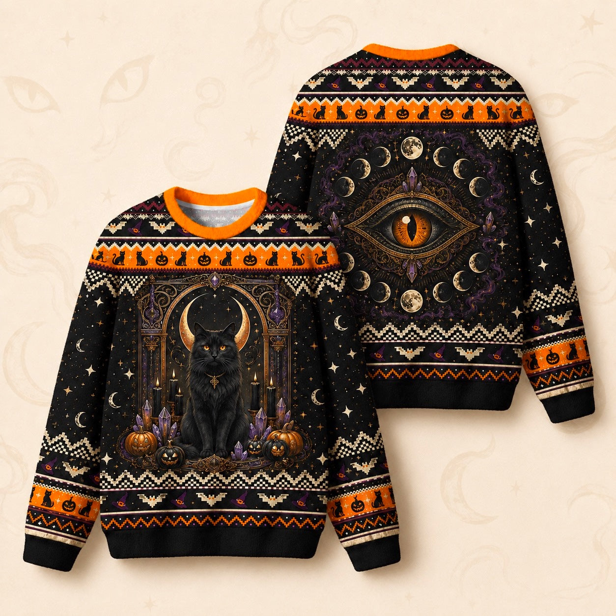 Black Cat Sweater Crescent Moon Cat Eye Halloween Knit Jumper front and back together