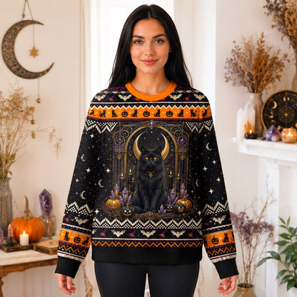 Black Cat Sweater Crescent Moon Cat Eye Halloween Knit Jumper worn, front view