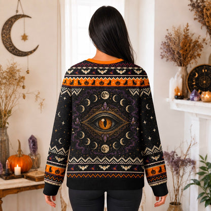 Black Cat Sweater Crescent Moon Cat Eye Halloween Knit Jumper worn, back view