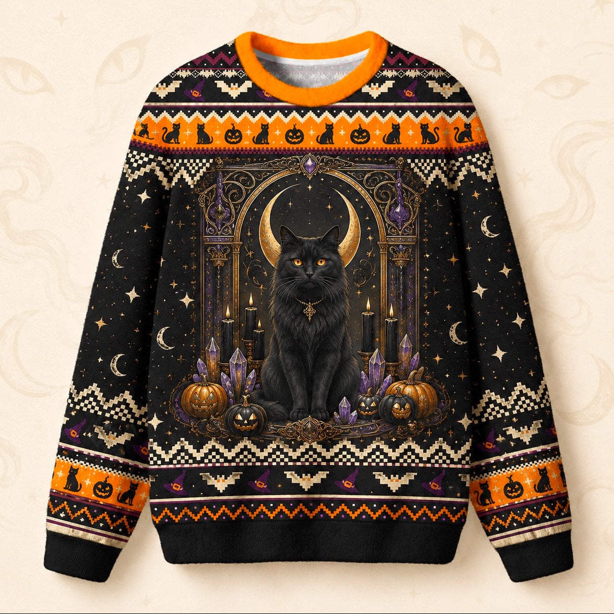 Black Cat Sweater Crescent Moon Cat Eye Halloween Knit Jumper front view