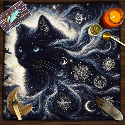 Black Cat Tarot Card Tablecloth Wicca Altar Cloth Pagan Pendulum Astrology Card Mat-MoonChildWorld