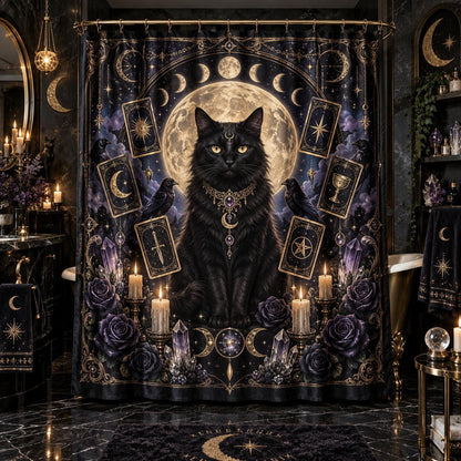 Black Cat Tarot Shower Curtain - Witchy Moon Bathroom Decor