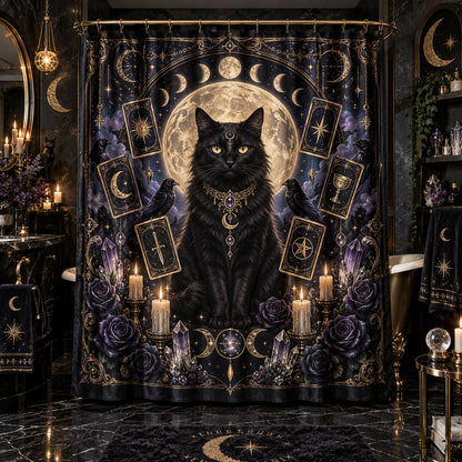 Black Cat Tarot Shower Curtain - Witchy Moon Bathroom Decor