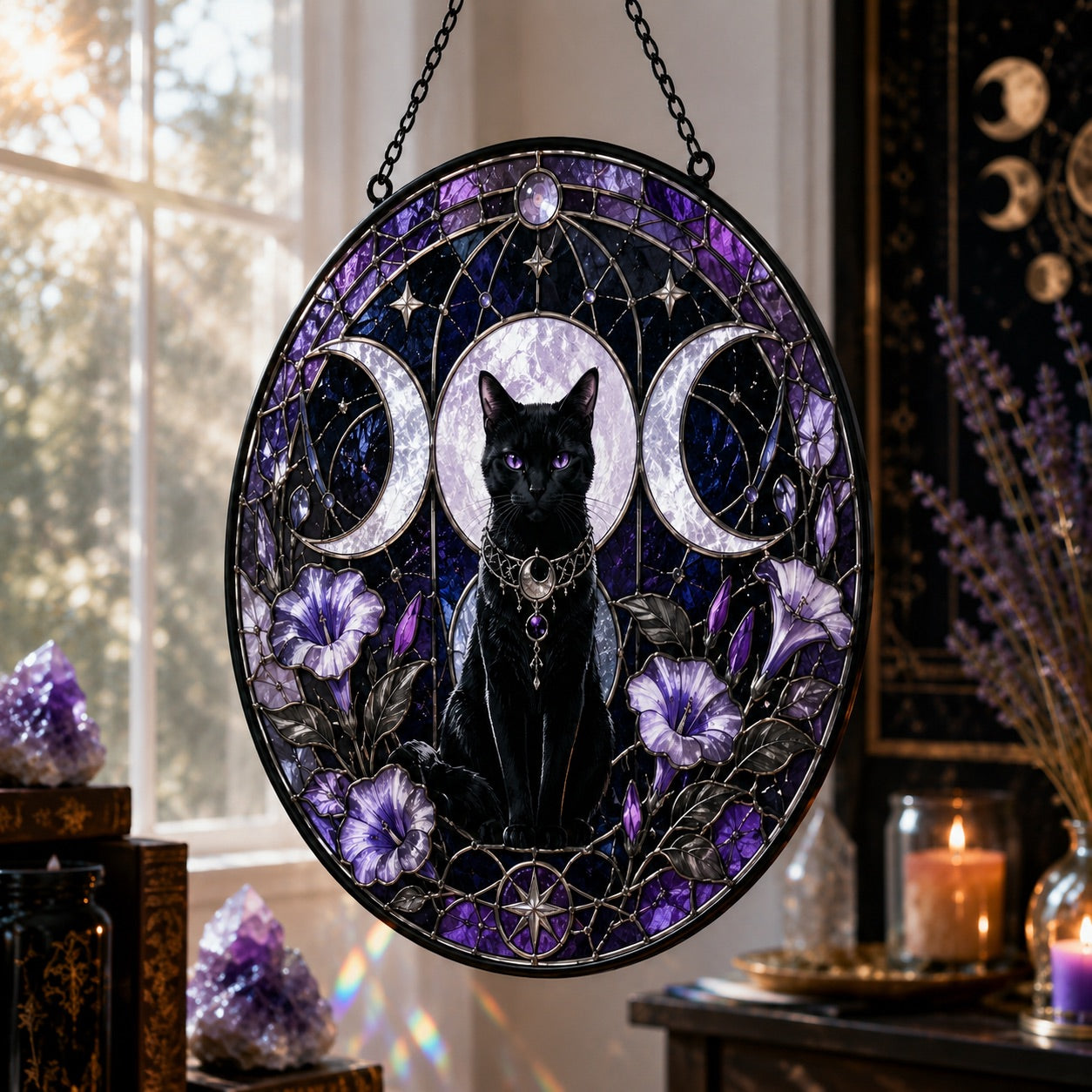 Black Cat Triple Moon Glass Suncatcher - hanging view