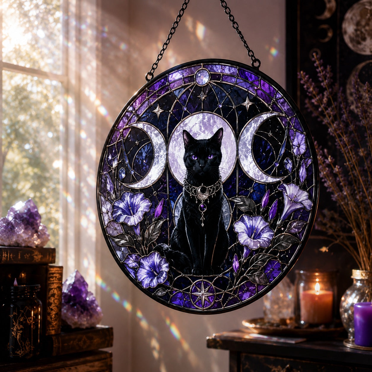 Black Cat Triple Moon Glass Suncatcher - close up detail