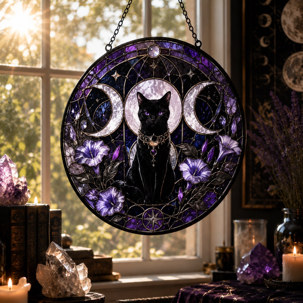 Black Cat Triple Moon Glass Suncatcher - sunlight glow