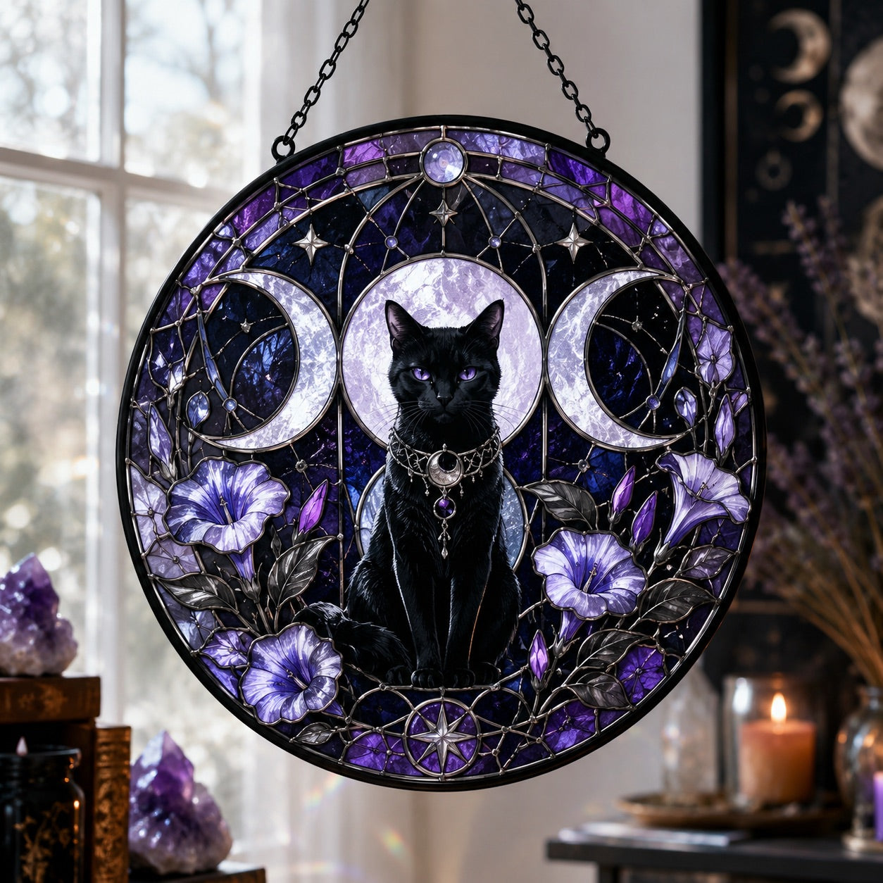 Black Cat Triple Moon Glass Suncatcher - window display