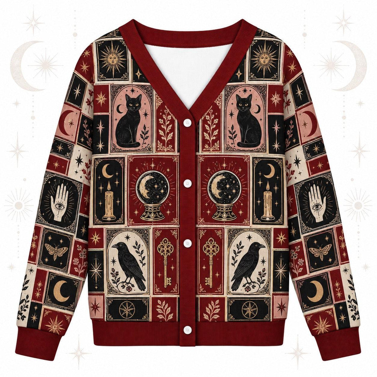 Black Cat Triple Moon Tarot Patchwork Cardigan for Women Witchy Red, front view