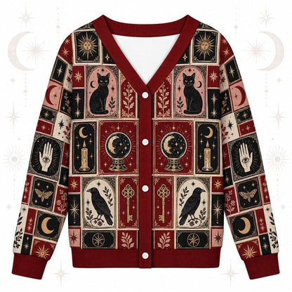 Black Cat Triple Moon Tarot Patchwork Cardigan for Women Witchy Red, front view