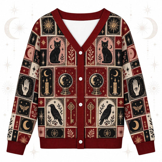 Black Cat Triple Moon Tarot Patchwork Cardigan for Women Witchy Red, front view