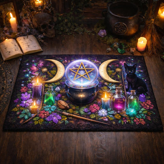Black cat & triple moon witchy doormat with pentacle, colorful flowers, candles, and potions.
