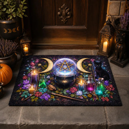 Black Cat & Triple Moon Witchy Doormat – Occult Pagan Welcome Mat_mockup_1.webp