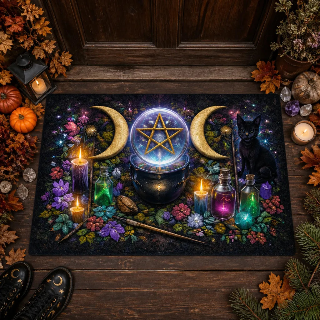 Black Cat & Triple Moon Witchy Doormat – Occult Pagan Welcome Mat_mockup_3.webp