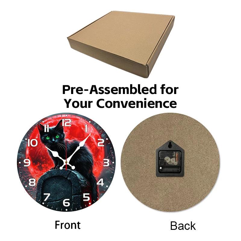 Black Cat Under Blood Moon Halloween Wooden Wall Clock-MoonChildWorld