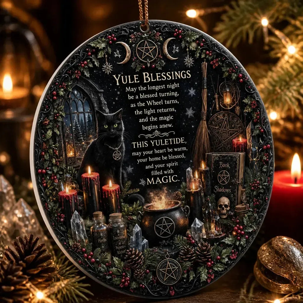 Black Cat Wicca Christmas Ceramic Ornament – Gothic Halloween Christmas Tree Decor_mockup_2.webp