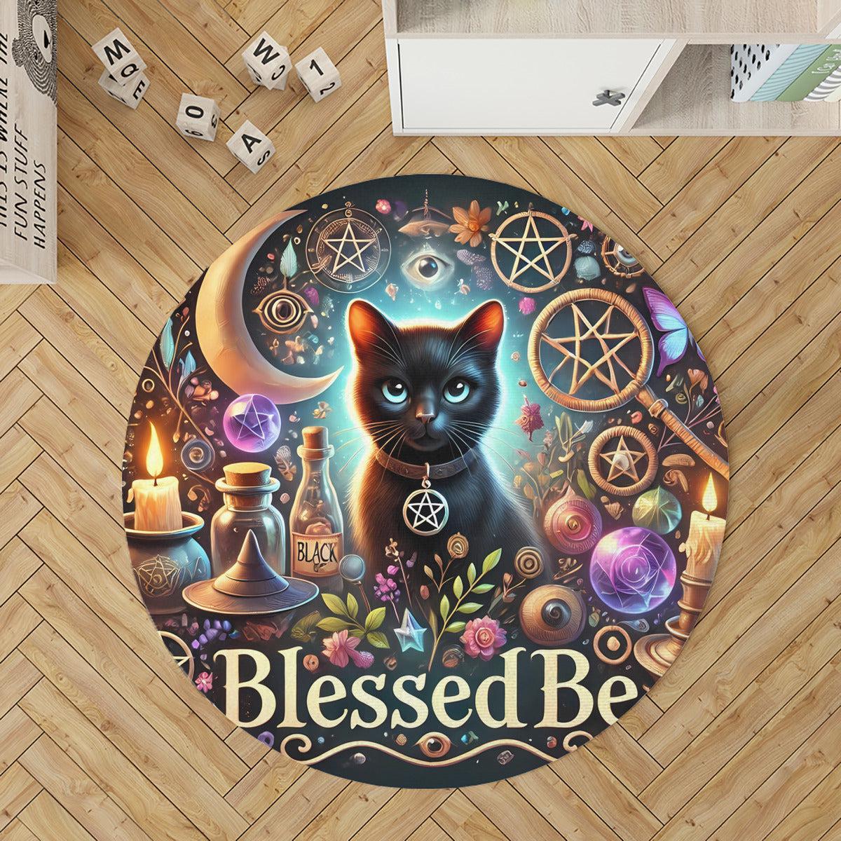 Black Cat Wicca Round Rug Witch Cat Carpet for Witchy Home Decor-MoonChildWorld