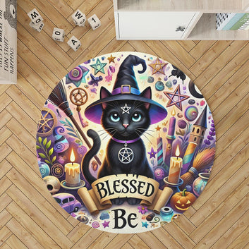 Black Cat Wicca Round Rug Witch Cat Carpet for Witchy Home Decor-MoonChildWorld