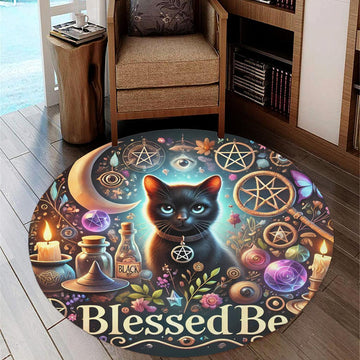 Black Cat Wicca Round Rug Witch Cat Carpet for Witchy Home Decor-MoonChildWorld