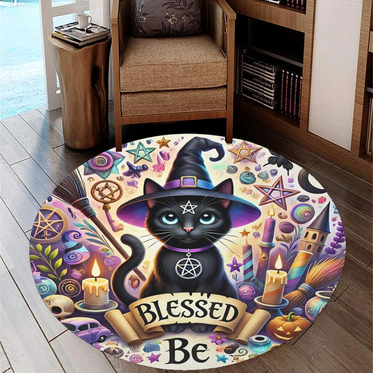 Black Cat Wicca Round Rug Witch Cat Carpet for Witchy Home Decor-MoonChildWorld