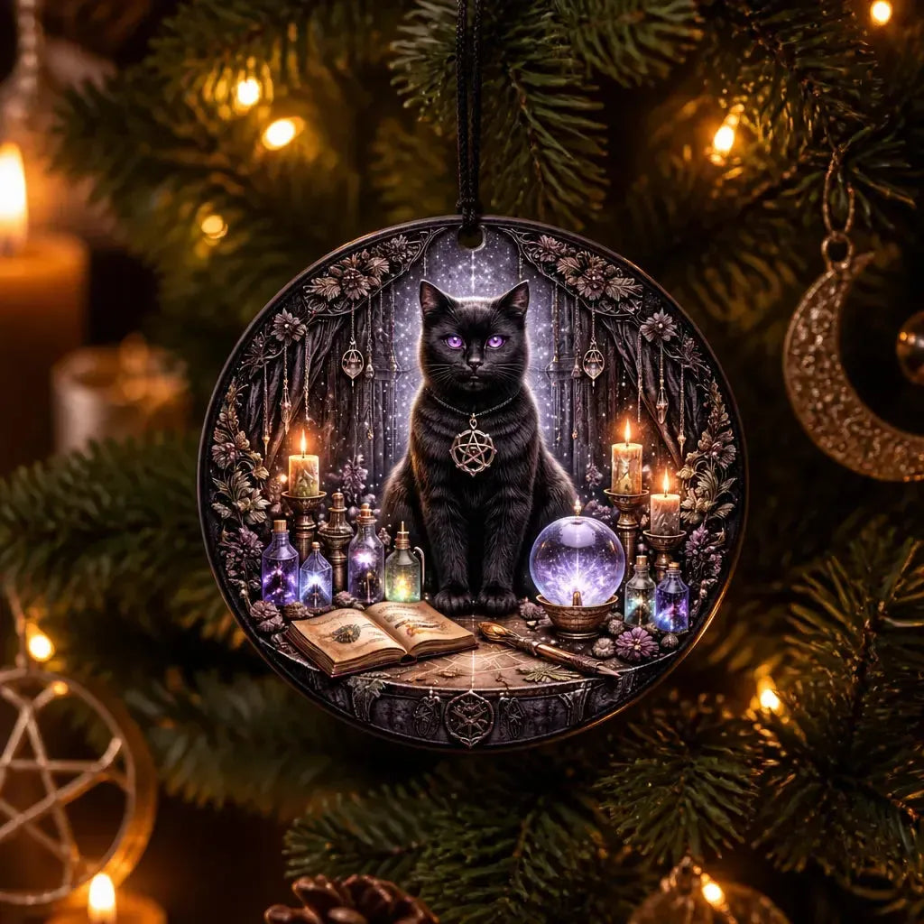 Black Cat Wicca Yule Ceramic Ornament – Witchy Christmas Tree Decor_mockup_1.webp
