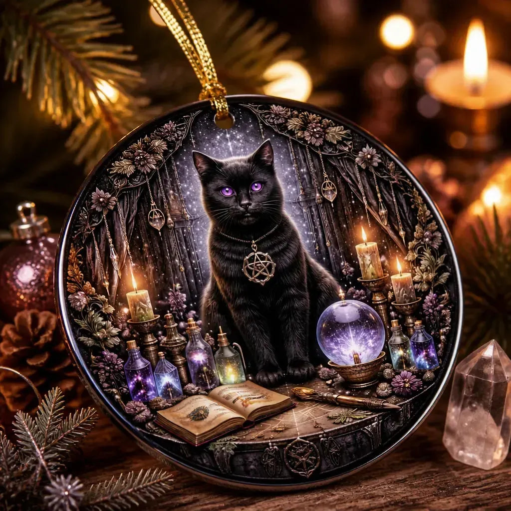 Black Cat Wicca Yule Ceramic Ornament – Witchy Christmas Tree Decor_mockup_2.webp