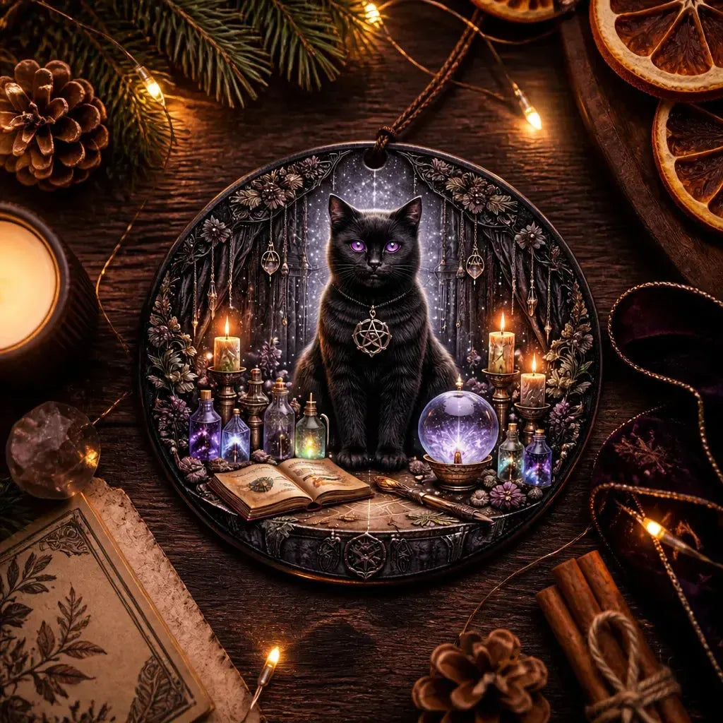 Black Cat Wicca Yule Ceramic Ornament – Witchy Christmas Tree Decor_mockup_3.webp