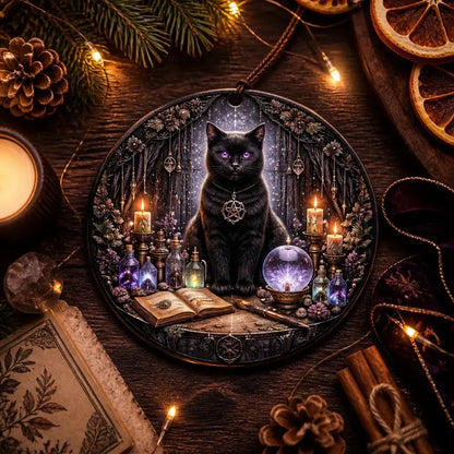 Black Cat Wicca Yule Ceramic Ornament – Witchy Christmas Tree Decor_mockup_3.webp