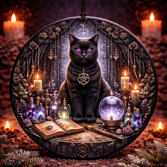 Black Cat Wicca Yule Ceramic Ornament – Witchy Christmas Tree Decor-MoonChildWorld