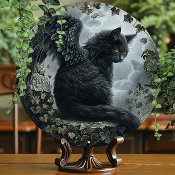 Black Cat Winged Wall Art Gothic Cat Metal Sign for Halloween-MoonChildWorld