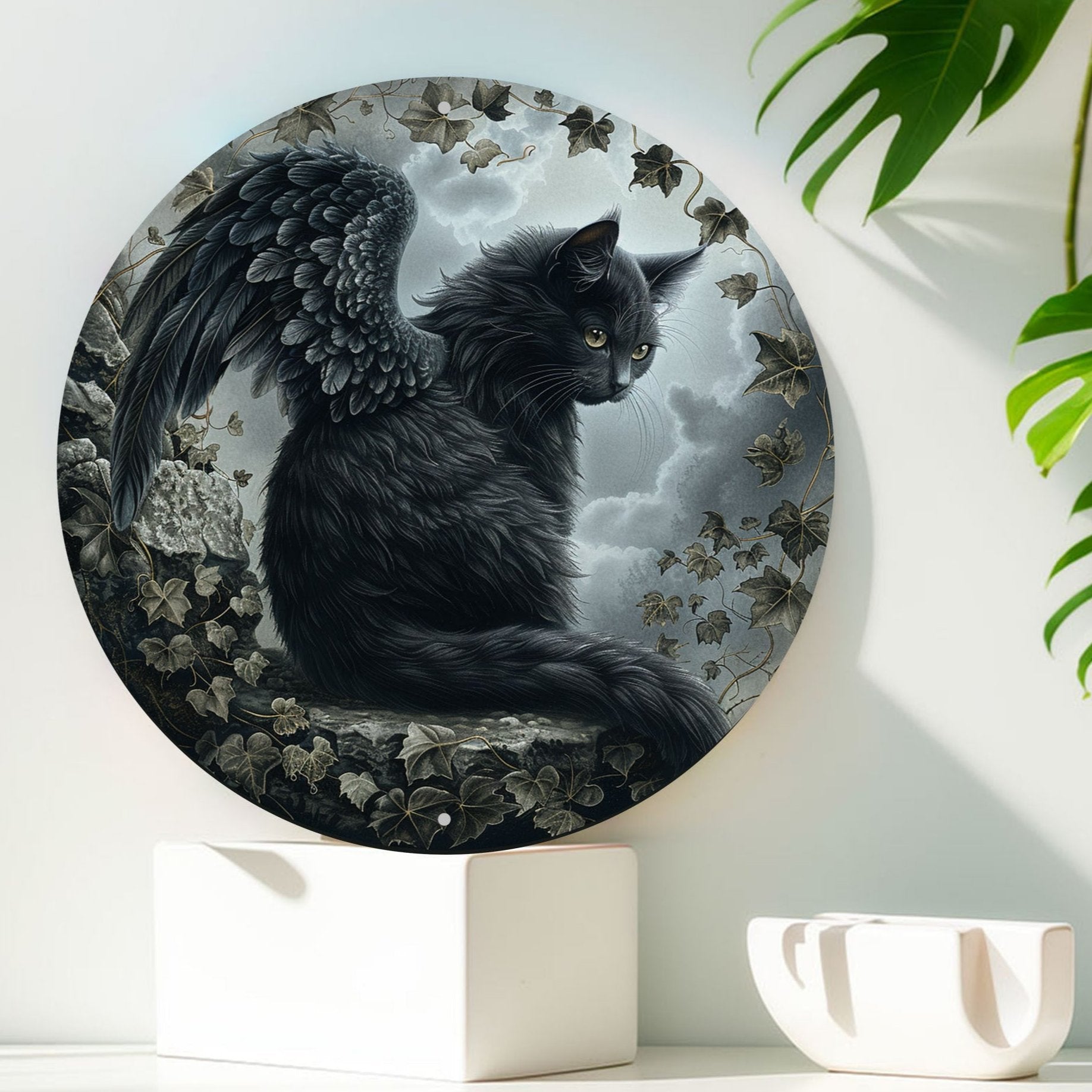 Black Cat Winged Wall Art Gothic Cat Metal Sign for Halloween-MoonChildWorld