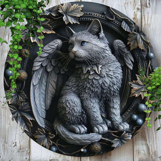 Black Cat Winged Wall Art Gothic Cat Metal Sign for Halloween-MoonChildWorld