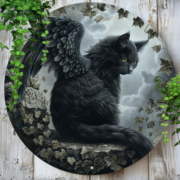 Black Cat Winged Wall Art Gothic Cat Metal Sign for Halloween-MoonChildWorld