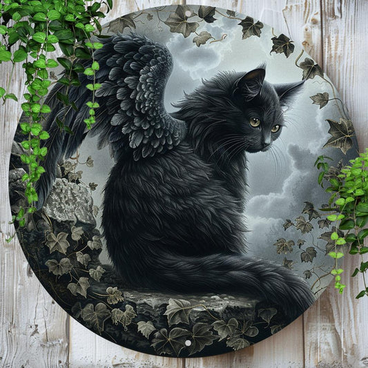 Black Cat Winged Wall Art Gothic Cat Metal Sign for Halloween-MoonChildWorld